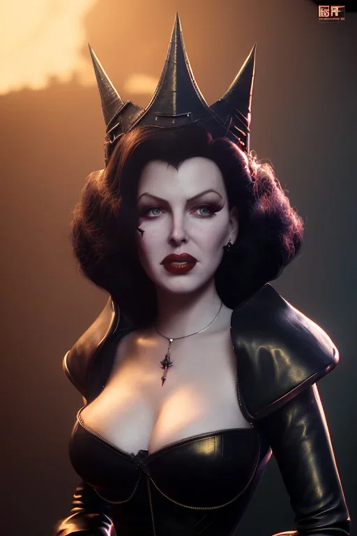 Lana Turner as evil queen in black leather, leather, busty, cleavage, angry, stern look. character design by cory loftis, fenghua zhong, ryohei hase, ismail inceoglu and ruan jia. unreal engine 5, artistic lighting, highly detailed, photorealistic, fantasy