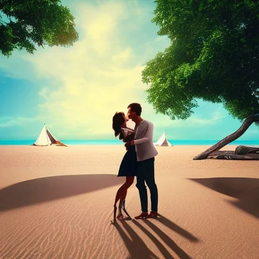 2 lovers last kiss in sand island with tent and river background