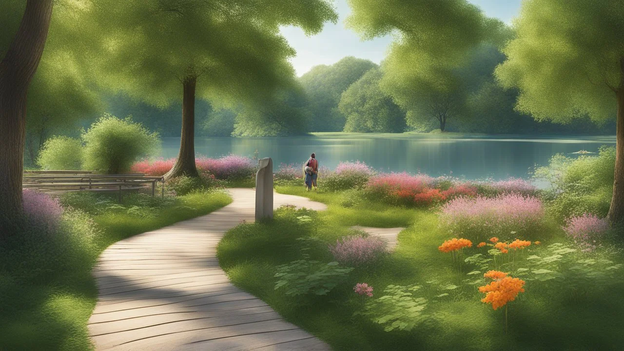 парк, зона озера, "царство водяного", Пешеходные дорожки — уютные тропинки вдоль озера, окруженные зеленью и цветами, которые ведут к различным уголкам "царства", Интерактивные элементы — информационные стенды о флоре и фауне озера, а также программы для детей, такие как рыбалка на игрушечных удочках или квесты.