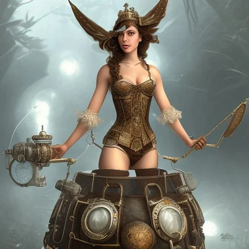 steampunk Guinevere squatting full-body