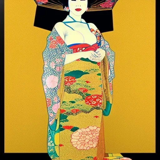 Retrato de cuerpo entero una Geisha Bella voluptuosa con kimono con el estilo de Gustav Klimt