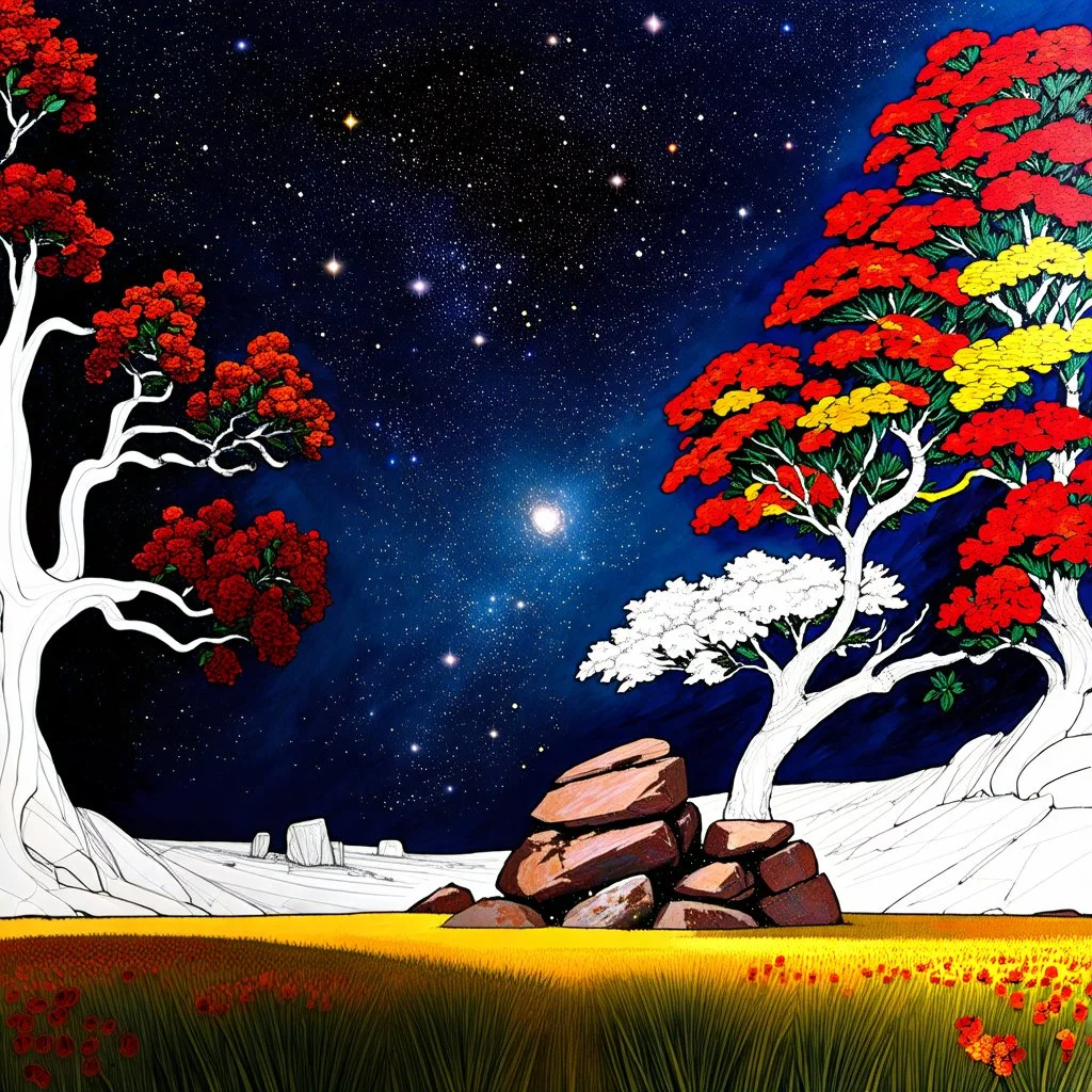 Colourful, peaceful, Egon Schiele, Max Ernst, night sky filled with galaxies and stars, rocks, trees, flowers, one-line drawing, sharp focus, 8k, deep 3d field, intricate, ornate