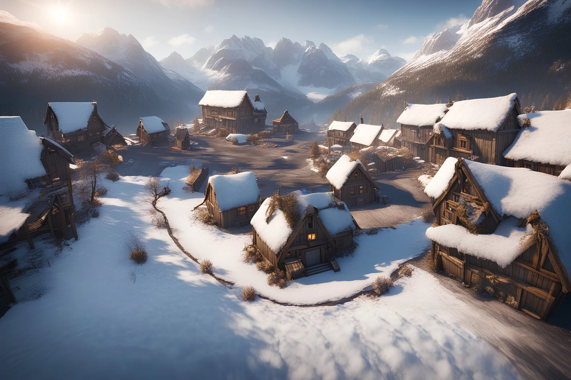 hiper-realistic UNREAL ENGINE game bird-eye view of a Vikings village in Norway winter fjord where people works