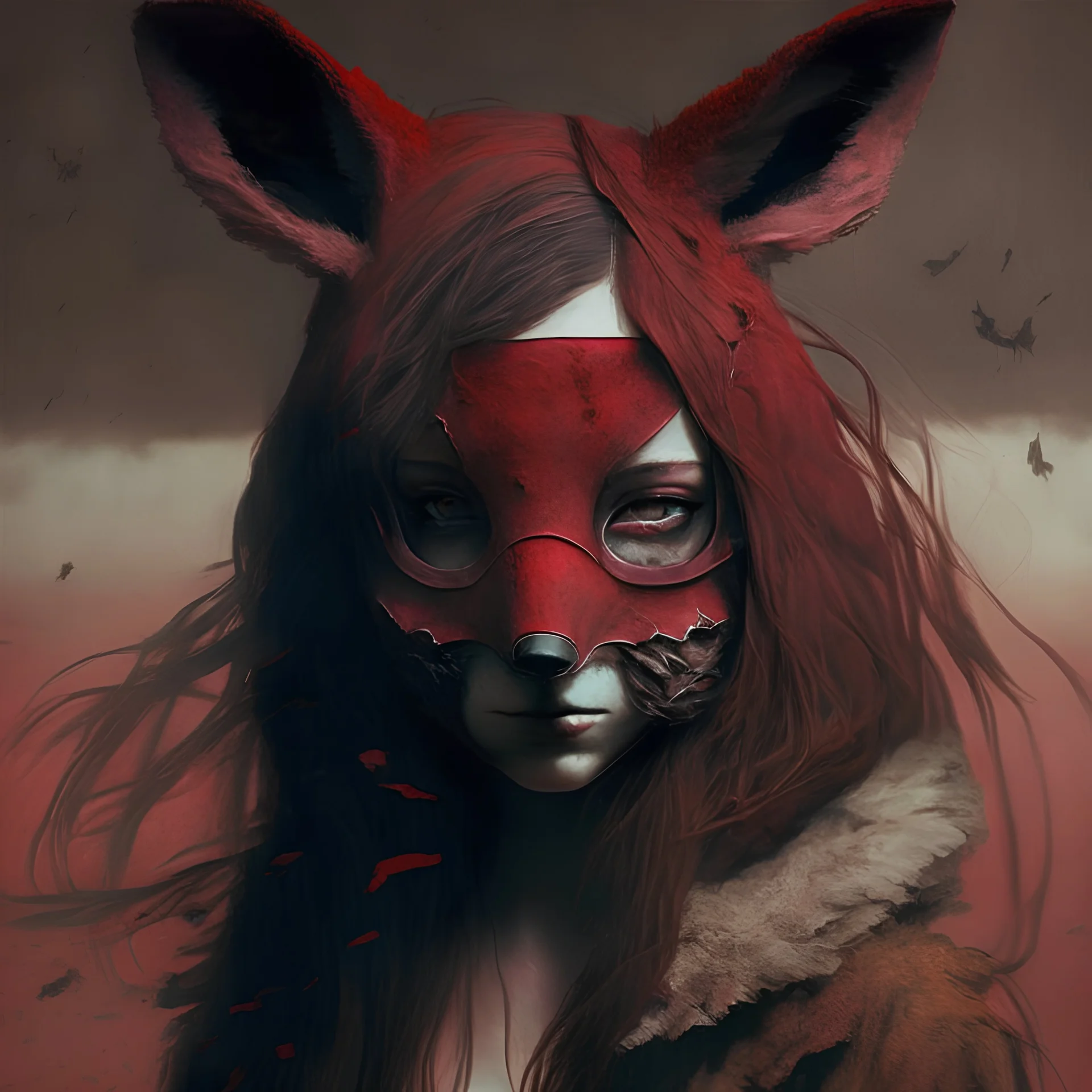 girl, bunny hair, mask pulp, out land, darkred tones,