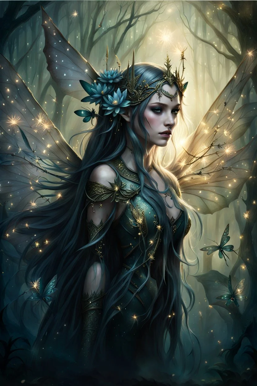 Blonde gold hair , dark gold ,dark Fairy wings,long hair,water lilies,dark fairy princess,nymph,elven crown,dragonflies,tiara,,gothic,glitter,rapunzel hair, very long hair, sparkle,night,