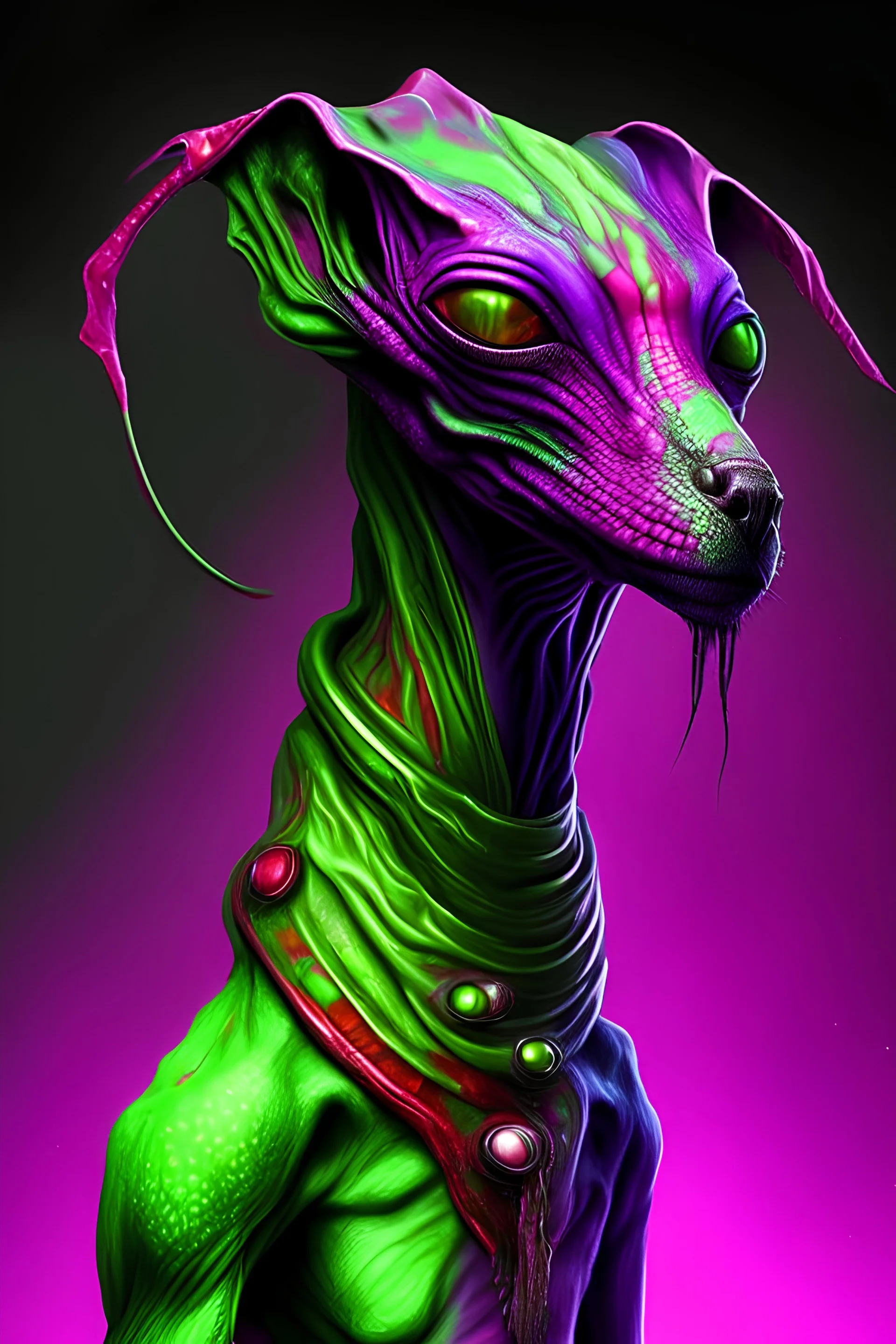 Humanoid alien in green, red and purple coloristic, he's hybrid of cameleon and dog