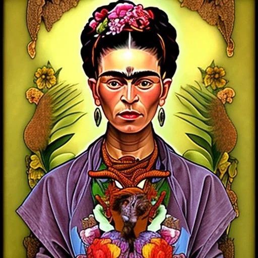 A beautiful portrait of Frida Kahlo by alphonse mucha, japanese tatoos, 4k, high details