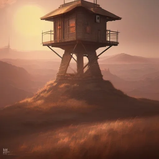 franz frazetta style, watchtower on hill, amon hen, plains in the distance, sunset