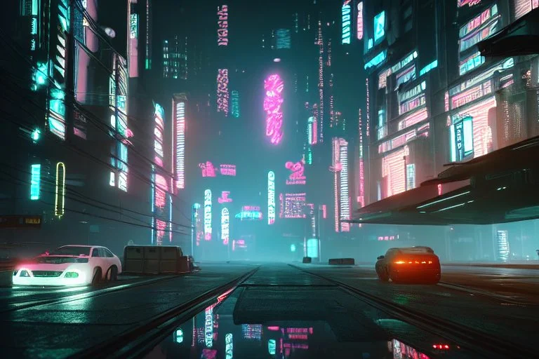 Cyberpunk district with giant foggy skyscarpers, cars, FoV: 100, HD, Unreal Engine 4, heavy rain, rainy streets reflection, neon signs, low contrast, grainy, less color, titanfall,