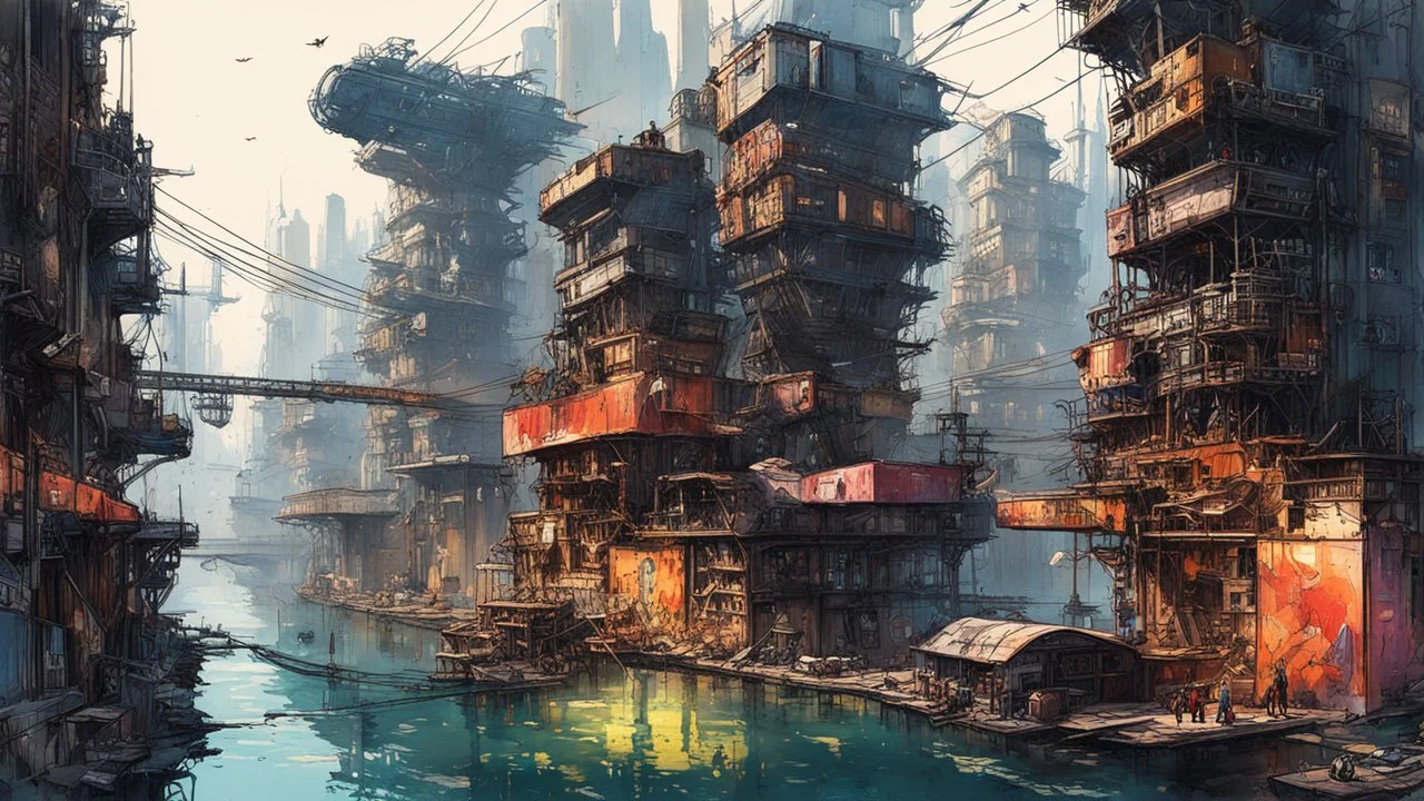 Water-level view of buildings made of reused dirty rusty metal next to futuristic canal junction, cyberpunk, many painted colours, flying boats, balconies, bridges, people, shopping, eating, walking, fifth element, ghost in the shell, altered carbon, Ian McQue, lineart and watercolour