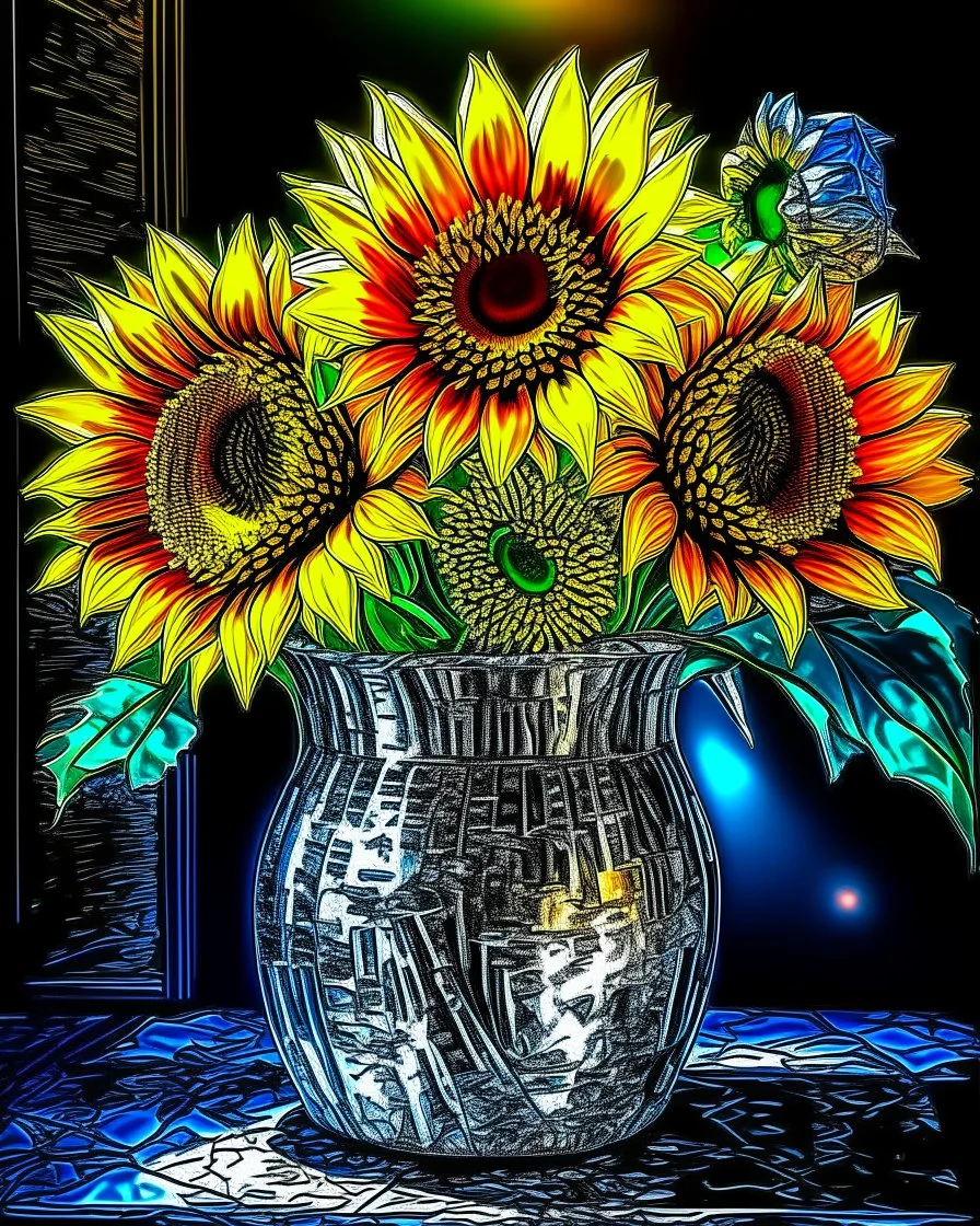 Girasoles de Vicent Van Gogh en metal brillante, florero plateado brillante, arte digital 3D maximalista, calidad ultra, intrincado, hiperdetallado, increíble obra de arte, 8k