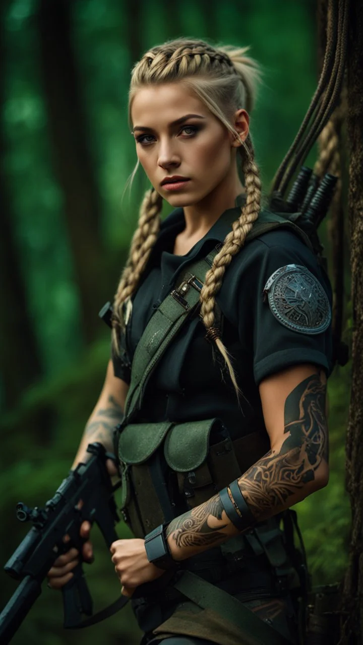 photorealistic hyperdetailed portait of an 18-year-old female as mercenary with long blonde and undercut hair with braids, tribal tattoos wearing modern mercenary uniform dark fantasy forest backdrop