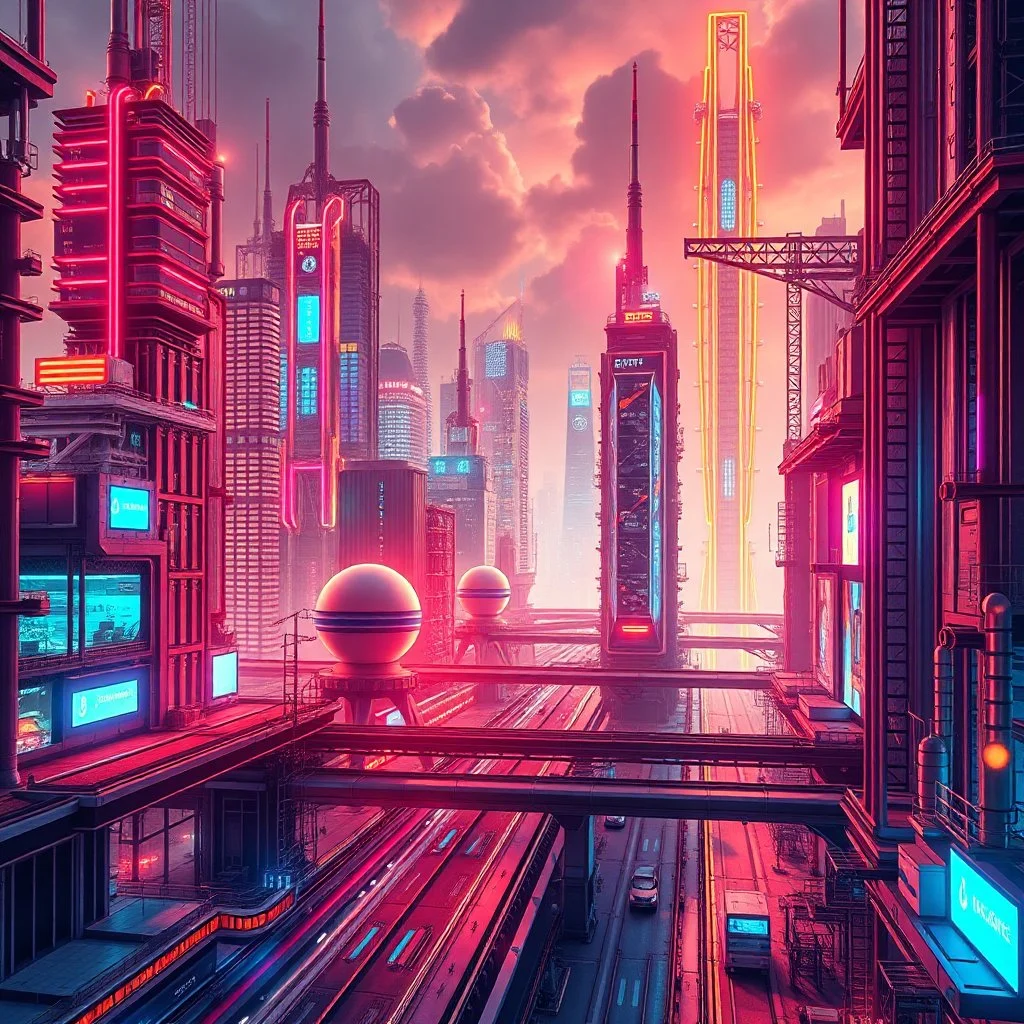 create a nice cool background for my account the image must show Worlds Non Existed and Reality and Reimagined , future modern city and future modern industry ,vibrant metallic colors .1:1 ratio. no text should displayed