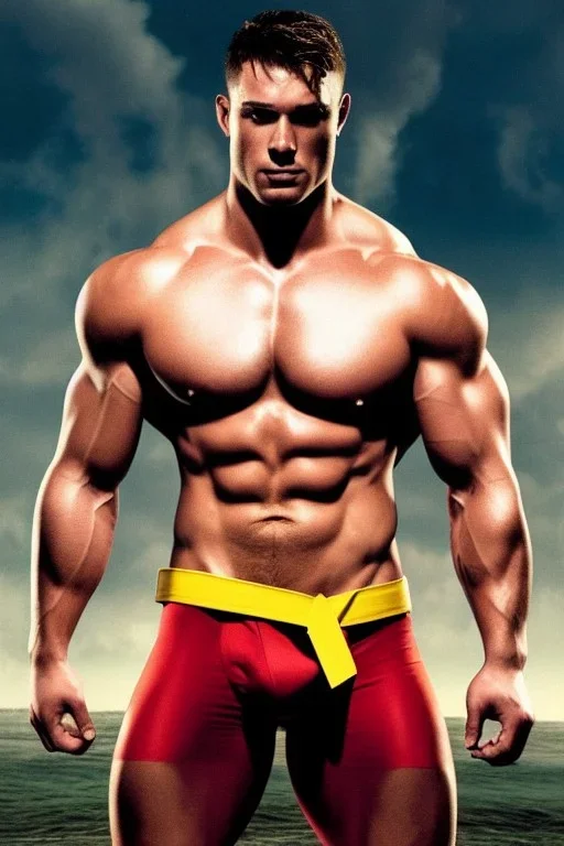 Ignore NSFW, teenager young rugged attractive slightly muscular fantastic handsome man, red briefs with yellow belt, hairy chest, (((visibly pisssing))) briefs, large erect visible boner peniss, photorealistic, artist Jay Anacleto