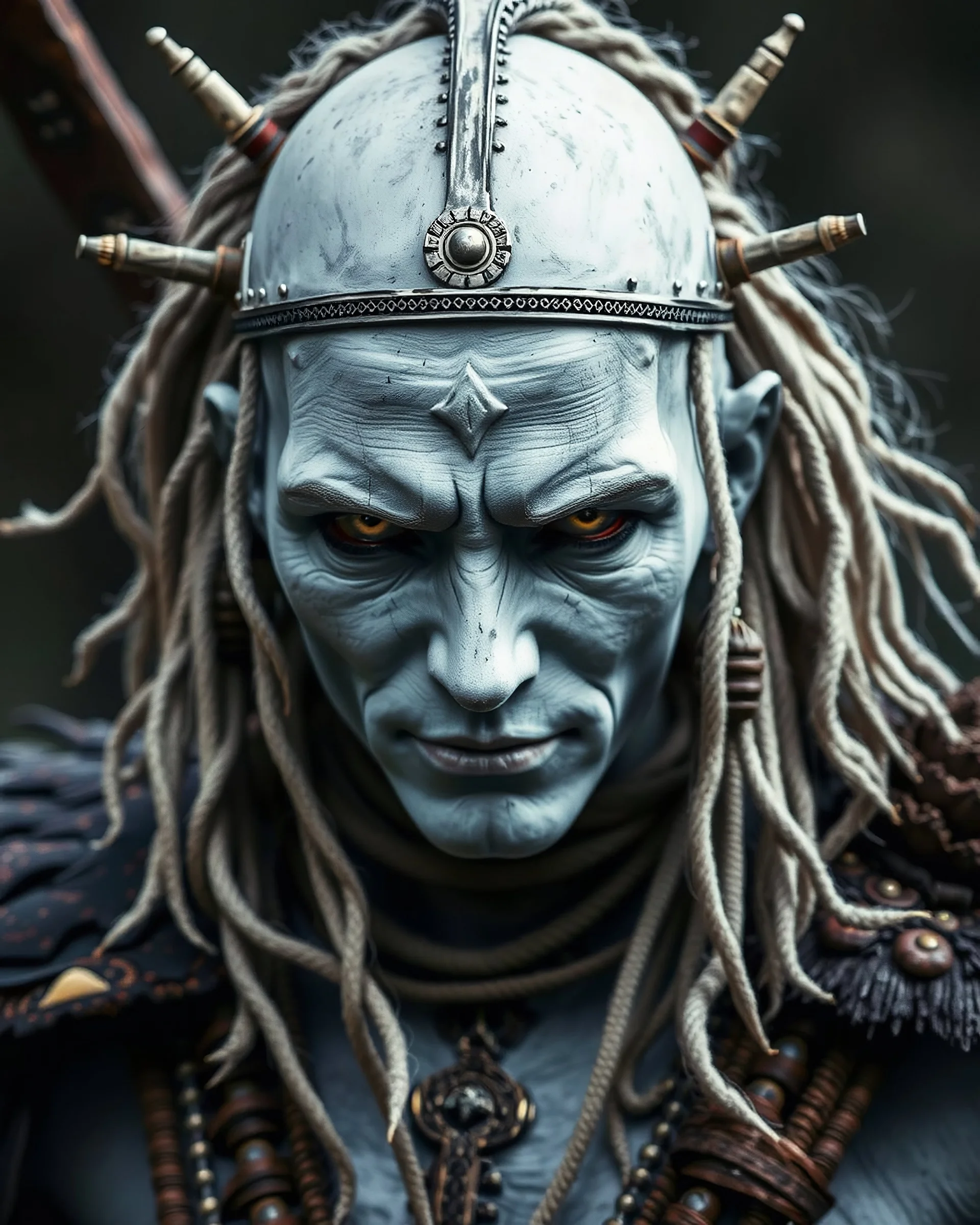 Tribal warrior; White skinned; metal orbs for eyes.