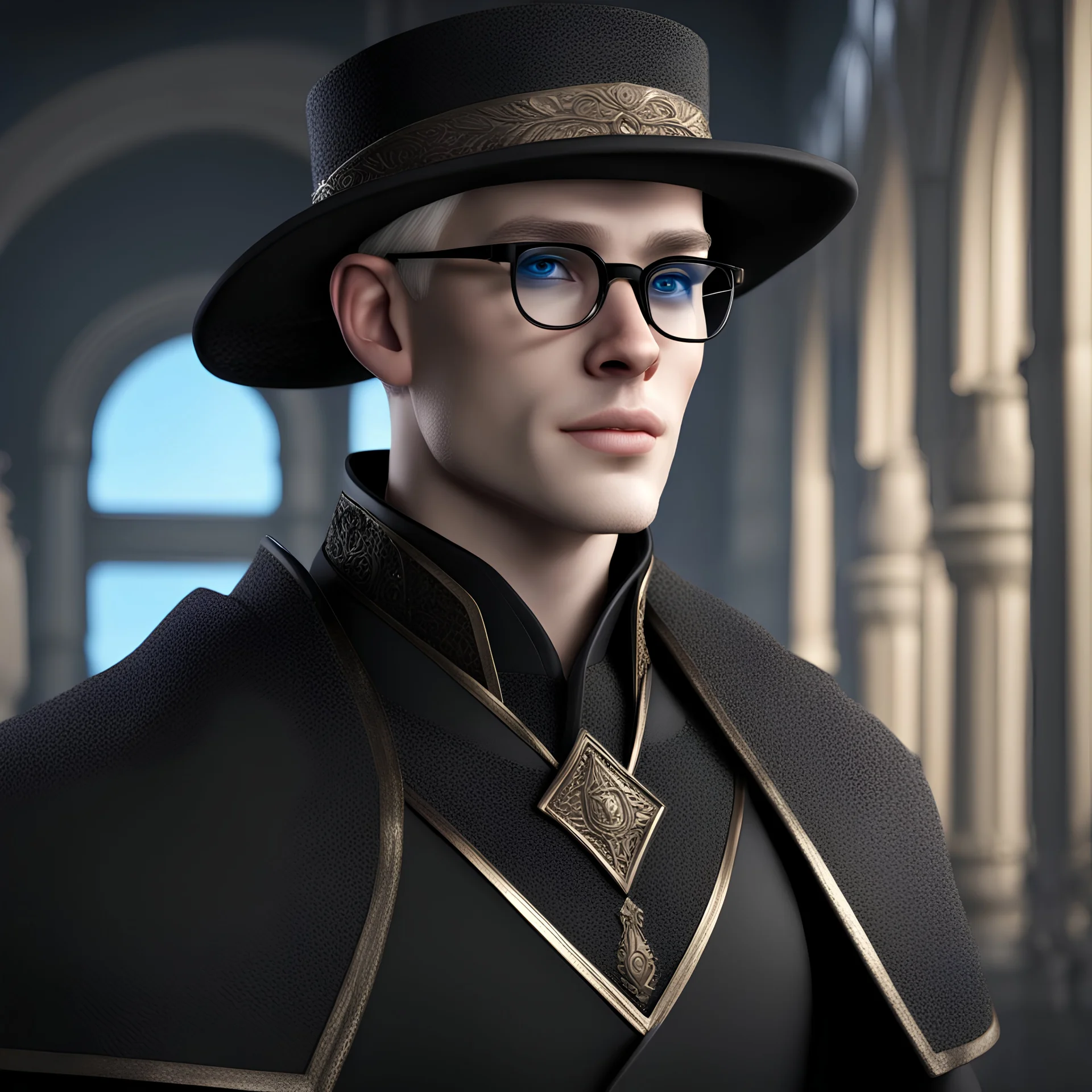 Hyper realistic human male with pale skin and wearing dark black stylish fantasy noble clothes, wearing a hat with glasses. with short blonde hair and blue eyes, looks confident and happy