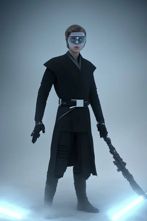 All Black Anakin Skywalker soldier, ghost, wearing high tech mask, white smoke, dark, rage, sorrow, high definition, ultra 8 k, volumetric lighting, blue fire, fog red