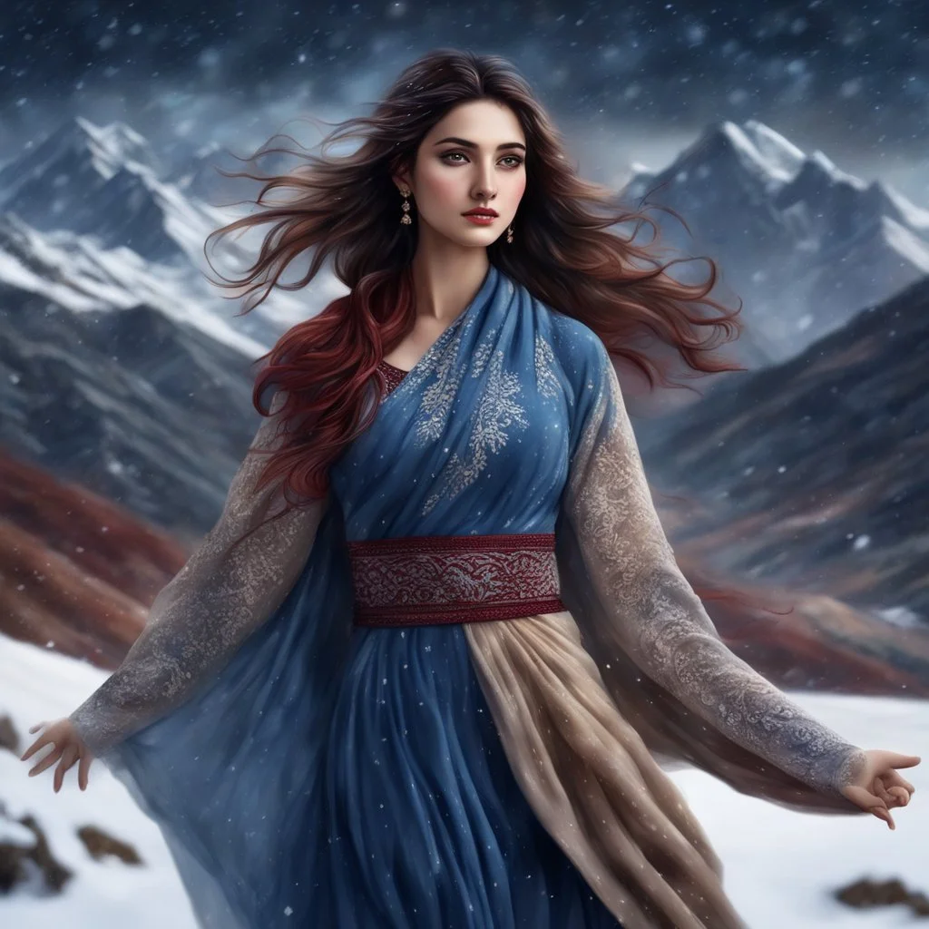 Hyper Realistic Gorgeous-Young-Pashto-Women-with-beautiful-eyes whirling wearing blue-grey-dress & beige-shawl-with-maroon-embroidery on mountains at snowfall night withy dramatic & cinematic ambiance