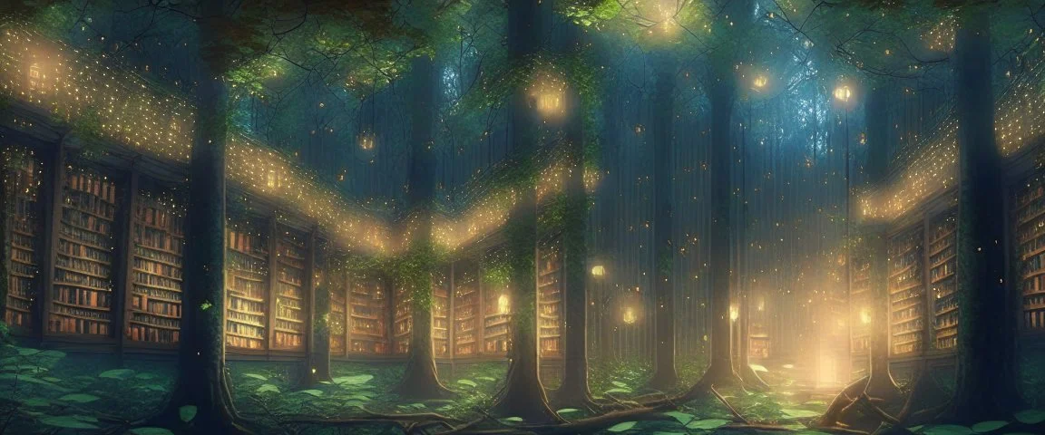 Realistic view that warm, a huge library in forest with fireflies around trees that have wide leaves and broad trunked