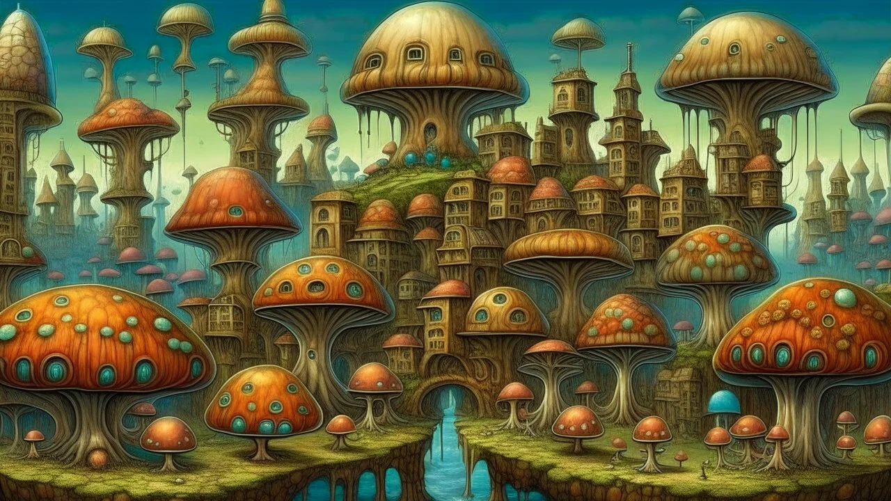 mushroom city, there are many different types of objects in this image, inspired by Jacek Yerka, surreal art illusion