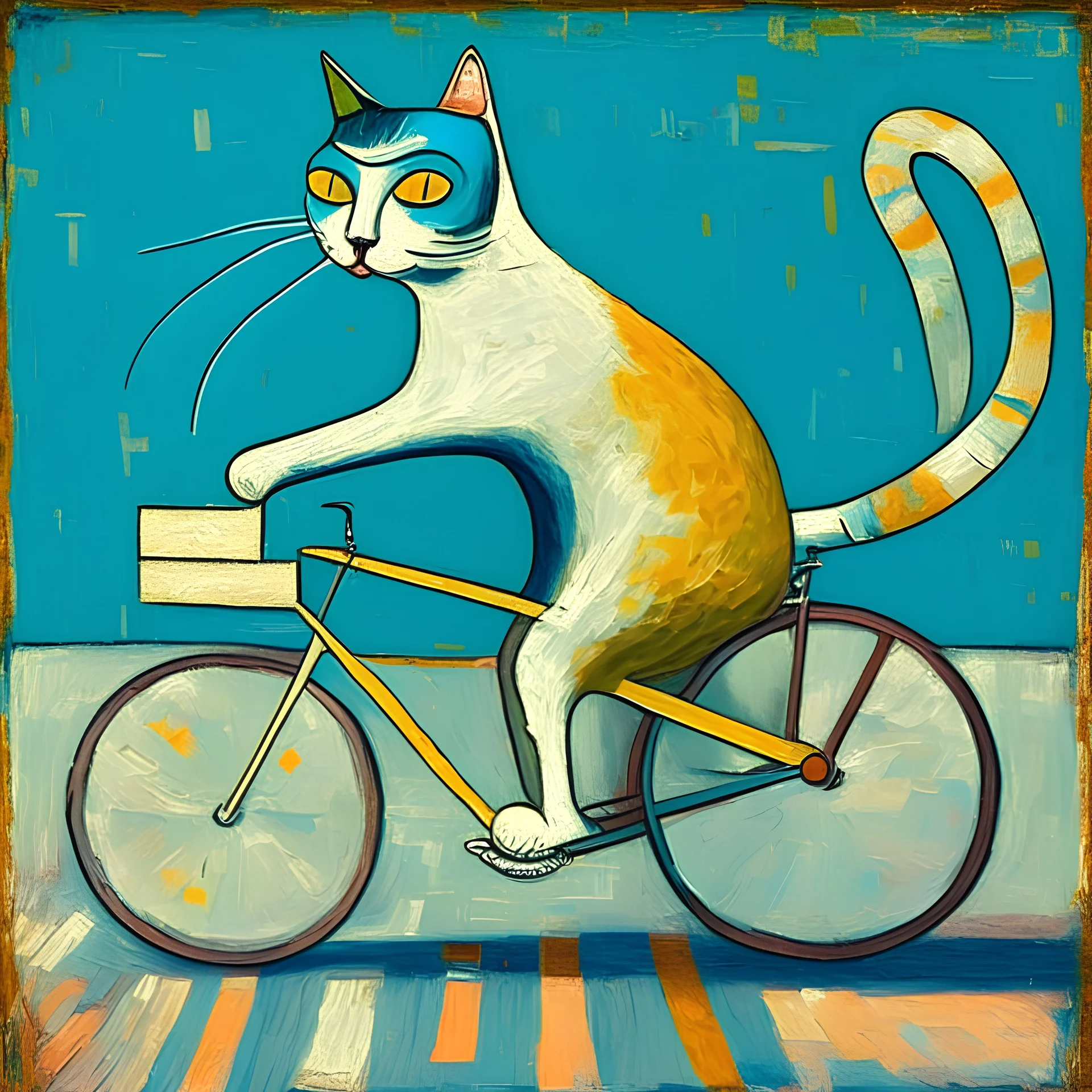 Gerar um quadro estilo Picasso de um gato andando de bicicleta