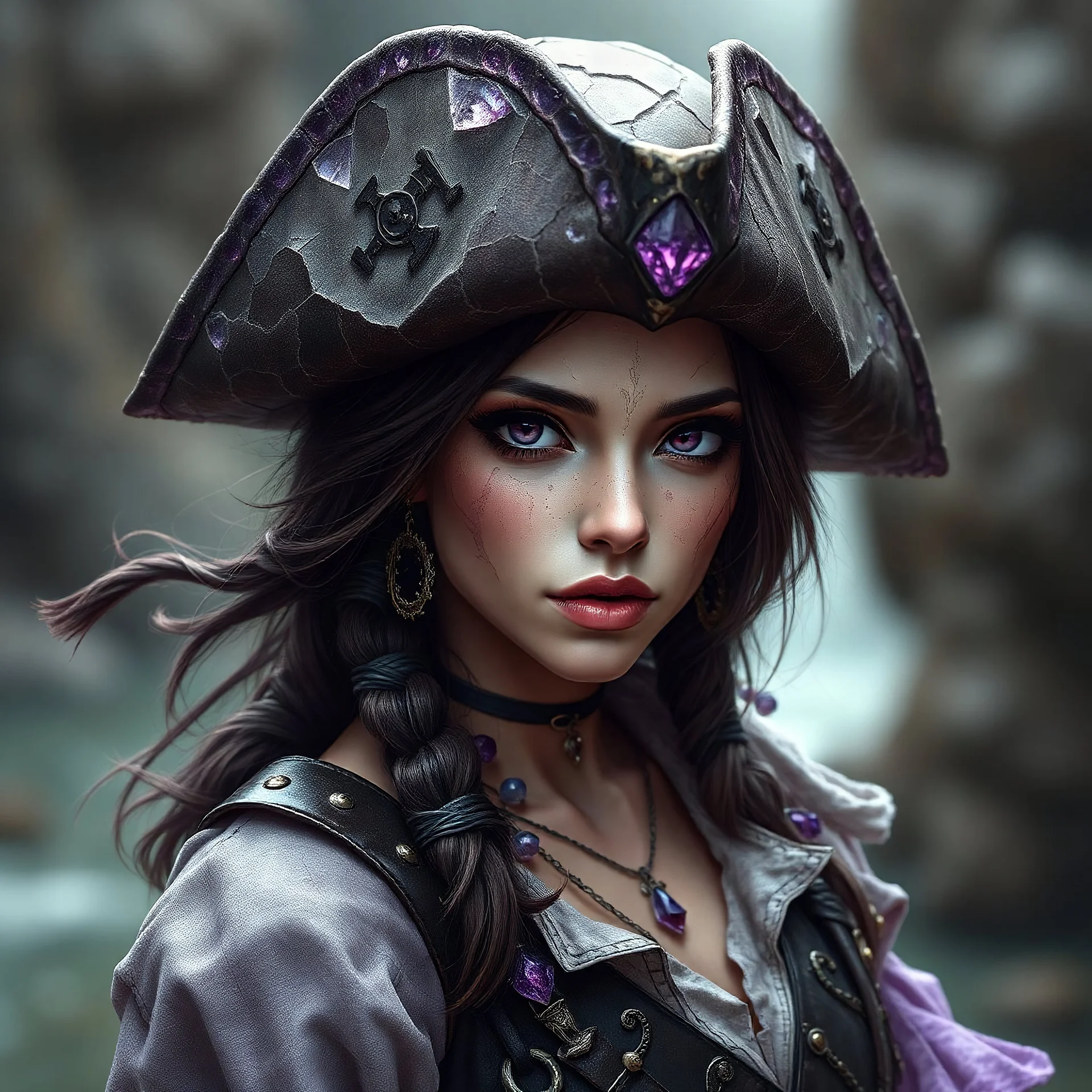 Character portrait of a fantasy female pirate who is made of cracked amethyst