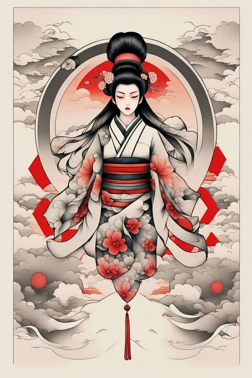 Create a captivating modern 2d colorfull ink Japanese tattoo design for print , using the elegant influences of japan art style, for print, dynamic elements from fashion and design, and bold Japanese art aesthetics, framing centered in the center, distanced from the edges of the paper perimeter, perfect anatomy, bauhaus, Divine Proportion,