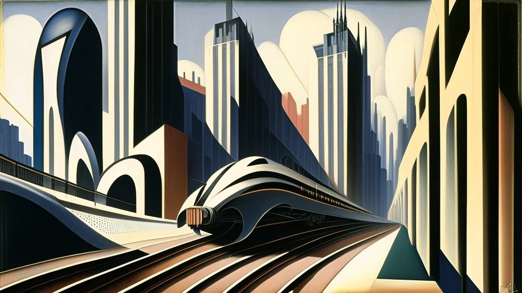 In this Italian Futurism-inspired cityscape, a train track cuts through the bustling urban landscape, symbolizing progress and movement. The track weaves its way between towering buildings with sleek, modern architecture, reflecting the avant-garde style of the early 20th-century art movement. A sleek, aerodynamic carriage speeds along the track, embodying speed and dynamism. The carriage's design is futuristic, with sharp angles and streamlined curves, evoking a sense of energy and innovation.