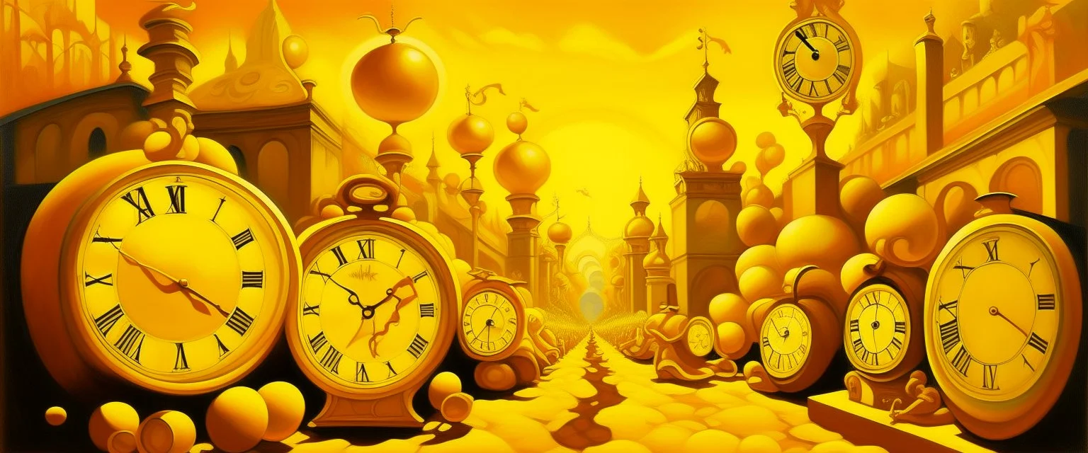 A golden yellow luminous carnival with clocks and hourglasses painted by Thomas Hart Benton