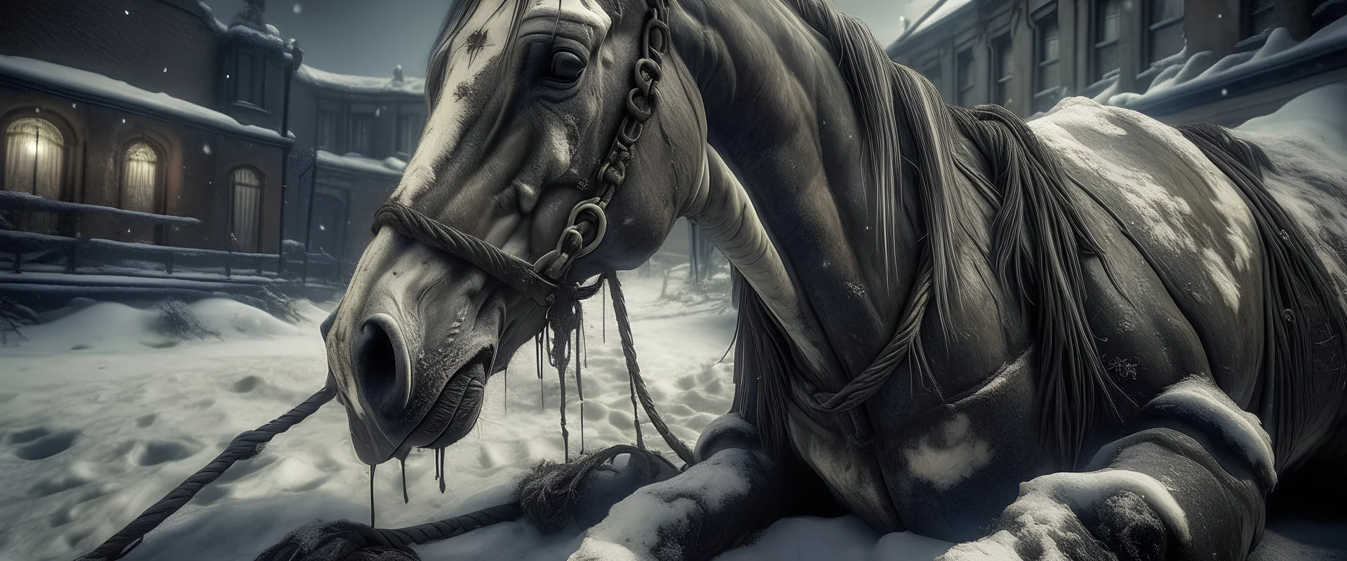 victorian era, a dead horse lies half buried in the snow. strange alien tentacles are crawling over the horse eating it , Victorian street. Apocalyptic, epic, photo-realistic, widescreen, cinematic, epic, like a movie