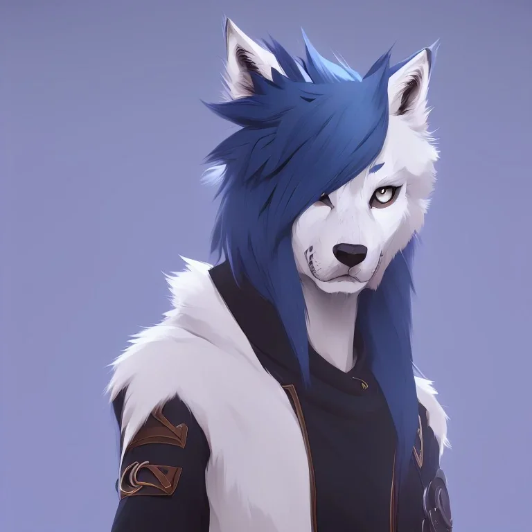 wolf furry blue hair digital art anime style male white fur anthropomorph