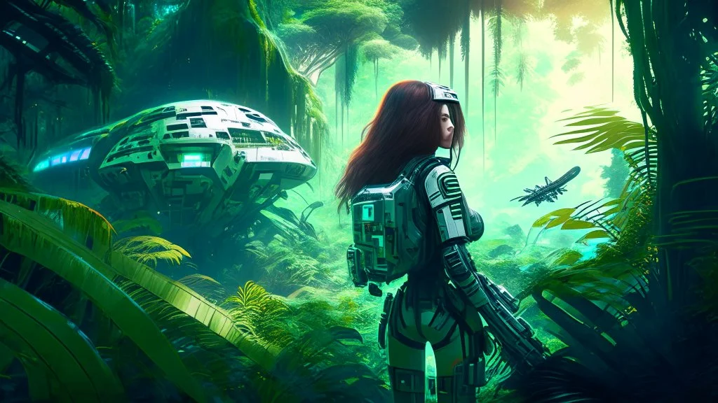 Wide-angle, woman with straight hair, dressed like a robot, with equipment in her hands, next to a crashed spaceship, in a clearing on an alien jungle world