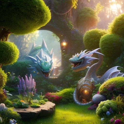 pixar style, volumetric summer garden environment and background, realistic painting of cute baby dragon, looking excited, volumetric lighting, dramatic lighting, detailed digital painting, extreme dense and fine fur, anime, ornate, colour-washed colors, elegant, small minutiae, tiny features, particulars, centered, smooth, sharp focus, renderman gofur render, 8k, uhd, detailed eyes, realistic shaded volumetric lighting, sunlight caustics, backlight, centered camera view