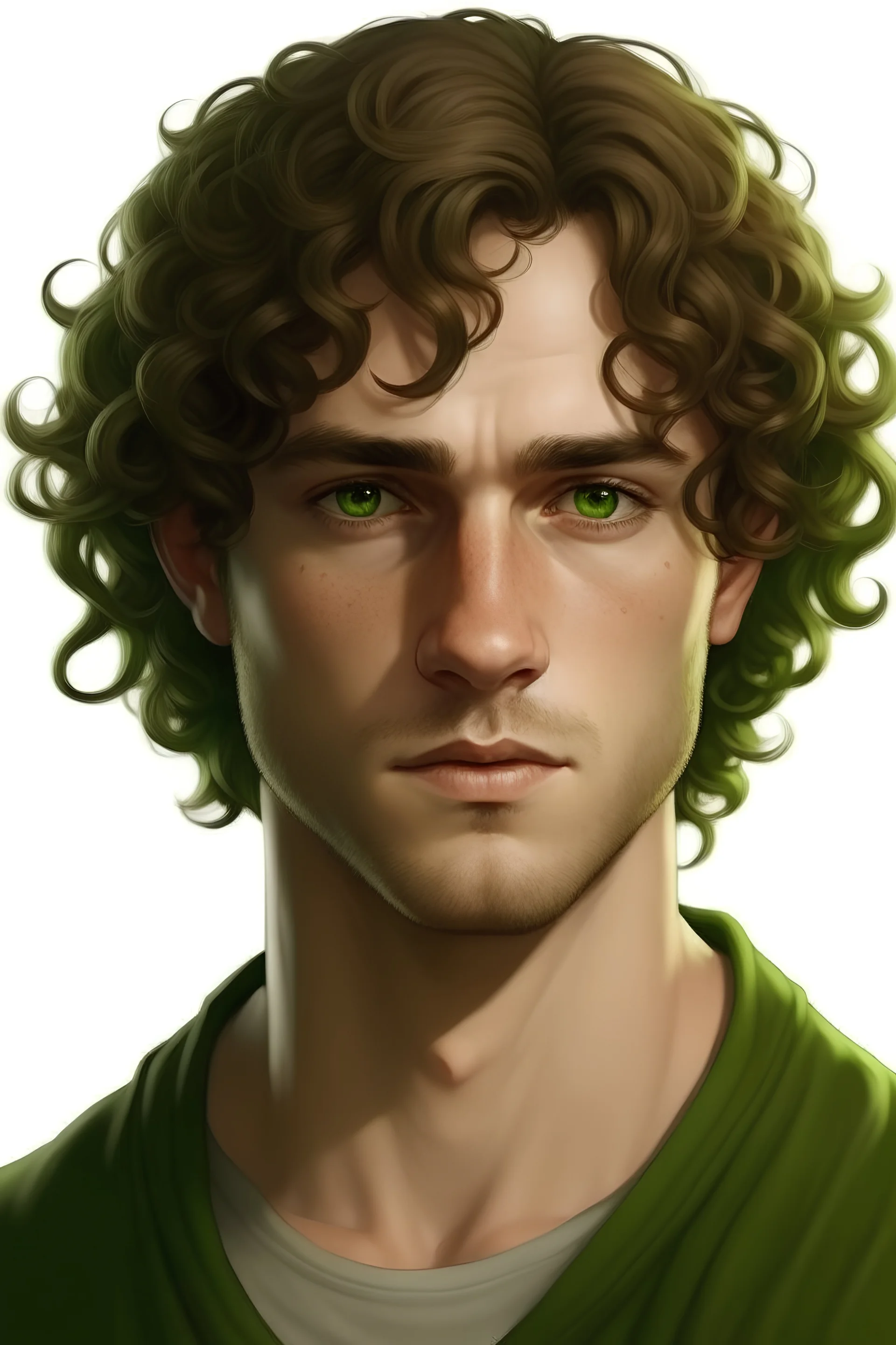 portrait human male, green eyes, curly hair, brown hair, round face