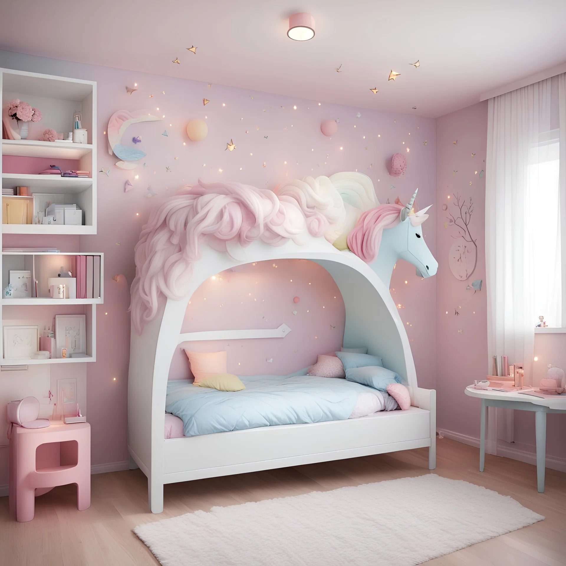 kids room with a bed in the shape of a unicorn