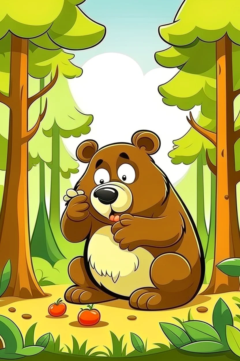 a cartoon bear eating an apple in a forest