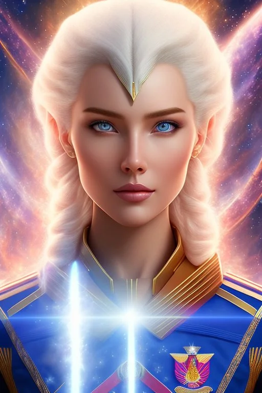 young cosmic woman admiral from the future, one fine whole face, large cosmic forehead, crystalline skin, expressive blue eyes, blue hair, smiling lips, very nice smile, costume pleiadian,rainbow ufo Beautiful tall woman pleiadian Galactic commander, ship, perfect datailed golden galactic suit, high rank, long blond hair,