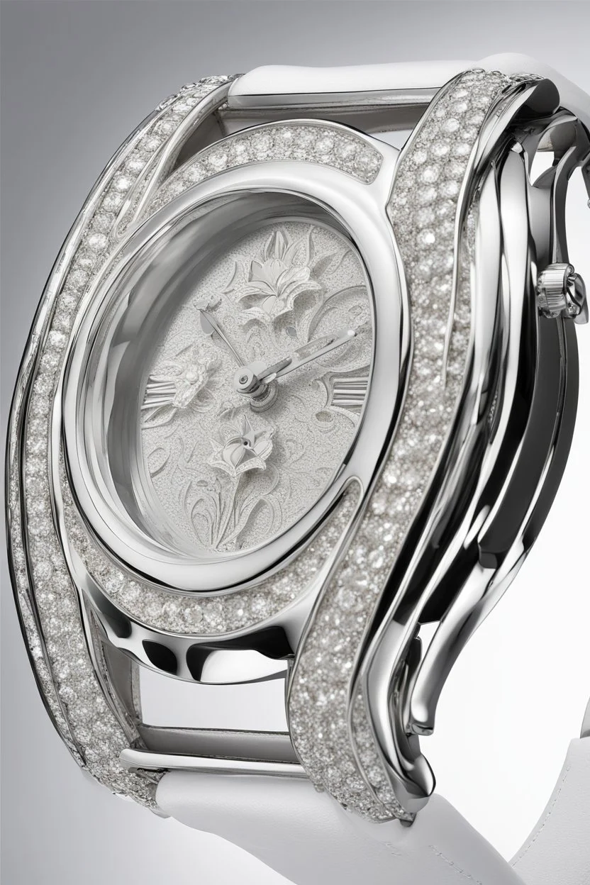 White gold engraved wristwatch Men'scontaining white crystal jewels in the shape of a lily White background