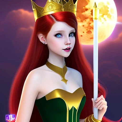 Attractive teenage girl with red hair and golden highlights, wearing a crown, who is dressed like a witch casting a spell with a quarterstaff on the moon, she has cat ears, green eyes looking at the moon, has a normal nose, background is realistic space, the girl is on a planet, goth girl dress, full body portrait, arm colors gradient effect into stars, rendered, unity 3d, unreal engine, dslr, hdr, 4k, edited, photorealistic, normal number of appendages, freckles, artists rendered