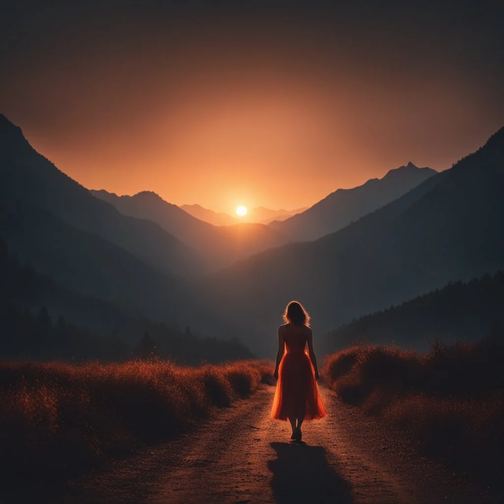 dark night, watching a woman from behind wearing a sleeveless dress who is walking towards a beautiful orange sunrise in the distance, mountains and forests around, photo quality, dark orange glow