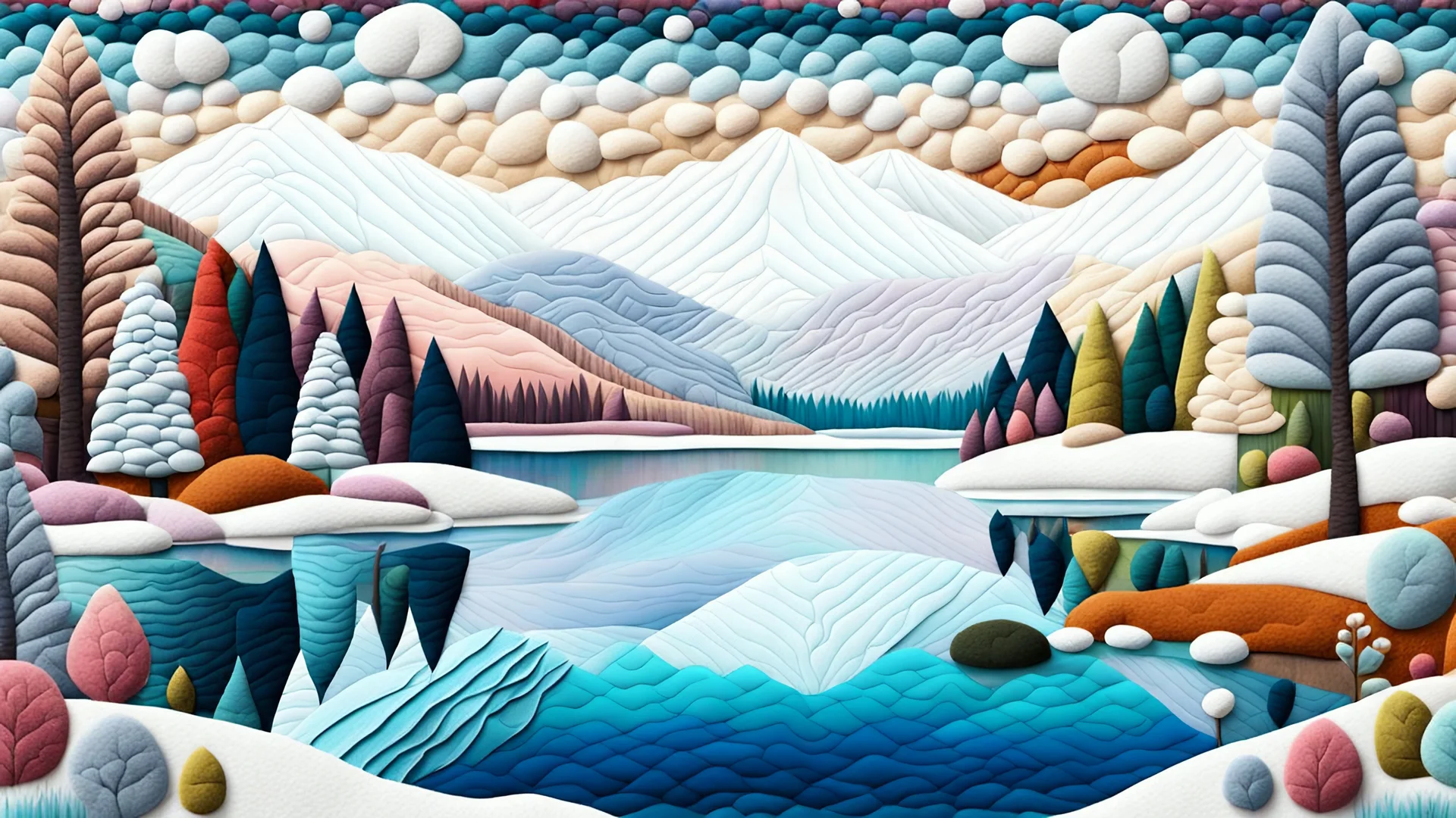 Natural Landmark with lake at winter in the style of felt art patchwork, 8k, intricate details, surreal, pastel colors