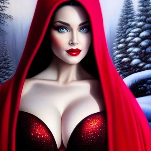 Ultra detailed fullbody Portrait in oil on canvas of beautiful busty mature Snow White with red cape with hoodie,extremely detailed digital painting,ultrarealistic skin,intense stare, extremely detailed face, crystal clear eyes, mystical colors ,perfectly centered image, perfect composition, rim light, beautiful lighting,masterpiece ,8k, stunning scene, raytracing, anatomically correct, in the style of Simon Bisley and uncannyknack and Ohrai Noriyoshi and robert e howard and Steve Jung.