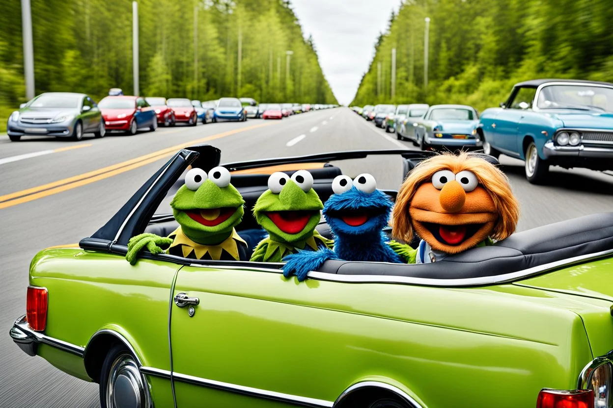 World Class Photograph of 3 Sesame Street muppets sitting in a convertible car on a road trip - one is Kermit the Frog, one is Cookie Monster, and one Looks exactly like Donald Trump - the camera is looking at the front of the car as they drive toward it