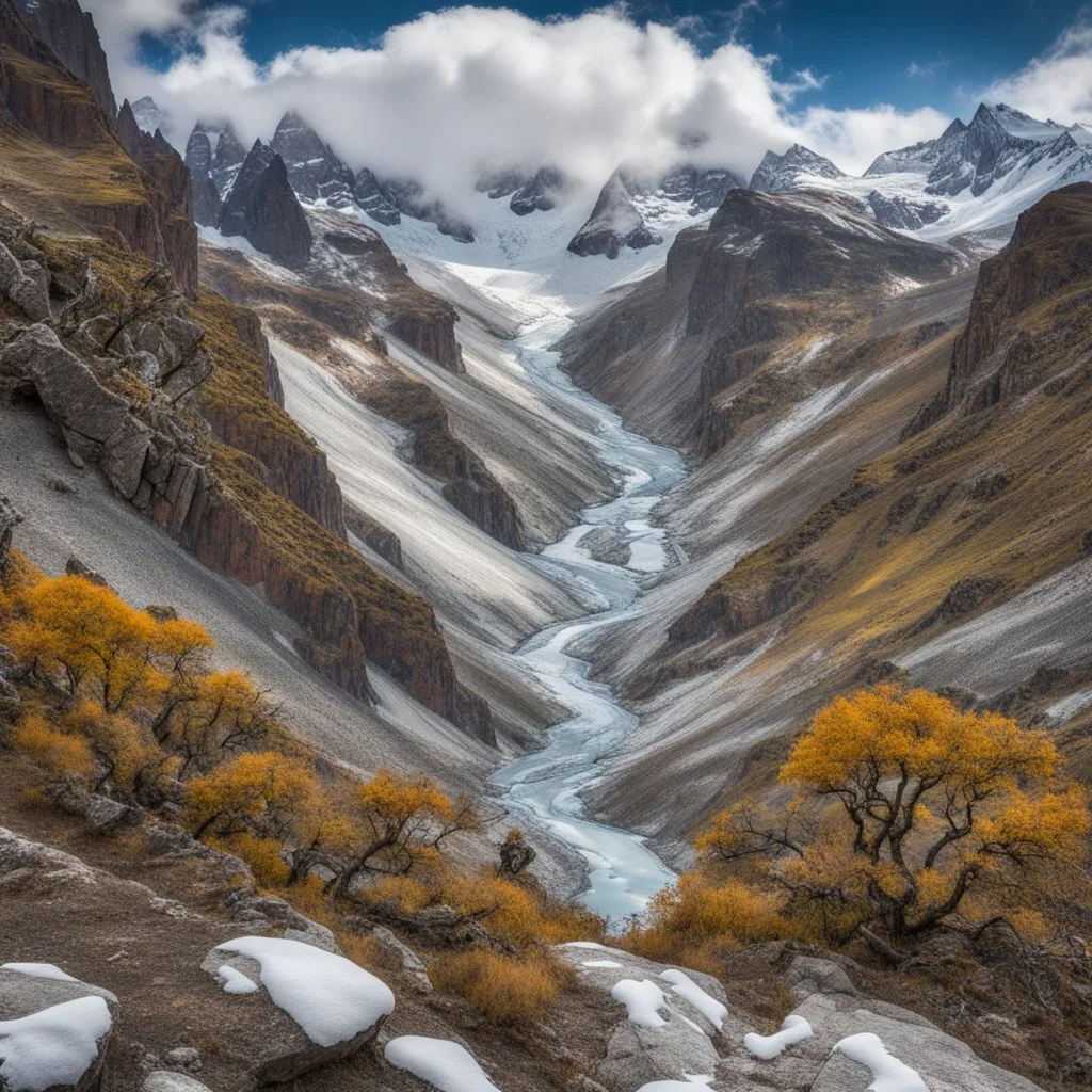 Los Glaciares National Park, Patagonia, Argentina, peaks with snow, river in th deeb canyon detailed trees with detailed branches an leaves and stones with moos in the foreground, phototralistic, autumcolors, blue sky with flyffy clouds, seen from th side from the top of a peak