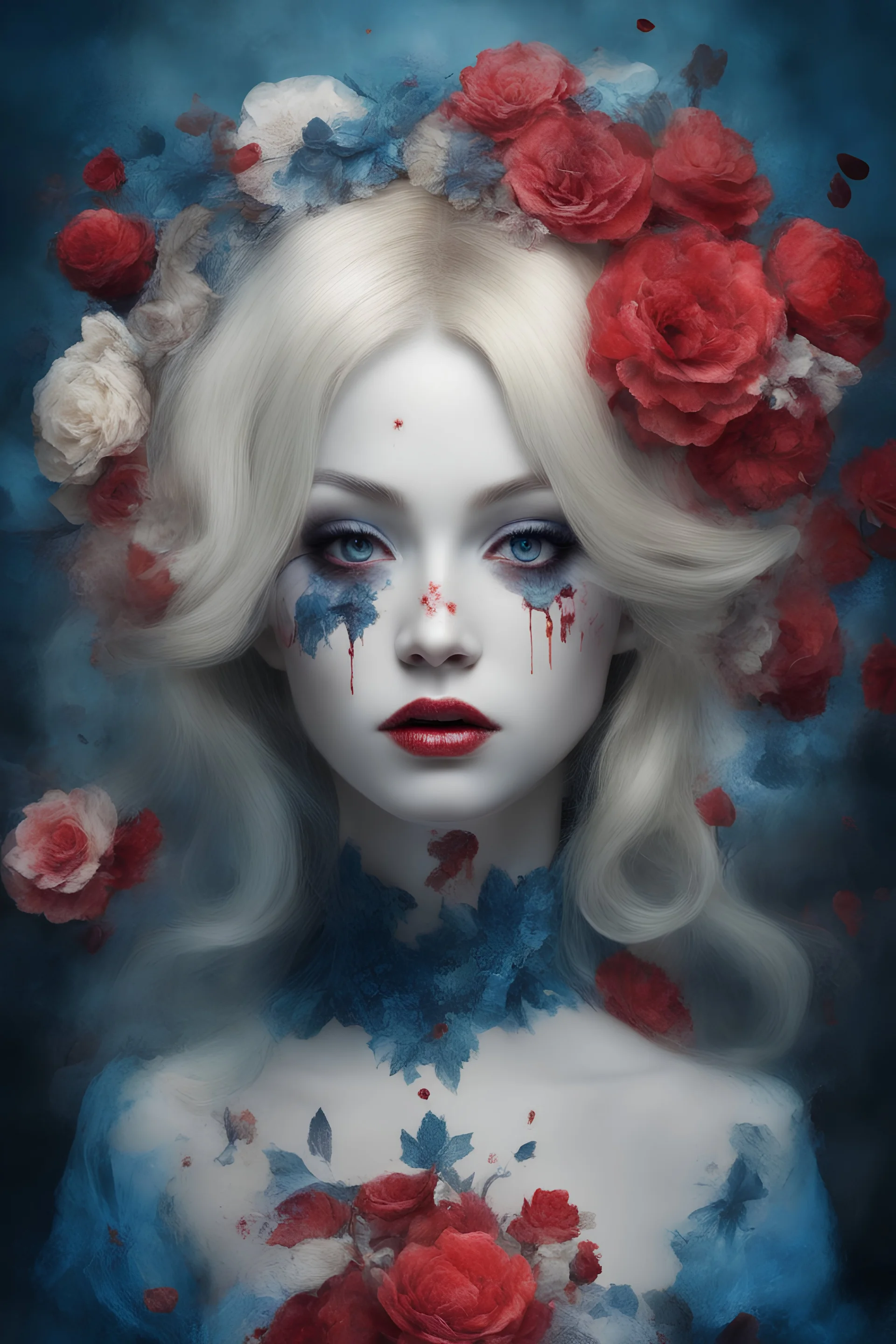 blue, large, woman, blonde, floral designs, atmospheric, beautiful, China Doll, Vampiric, horrifying, blood dripping, brain matter,