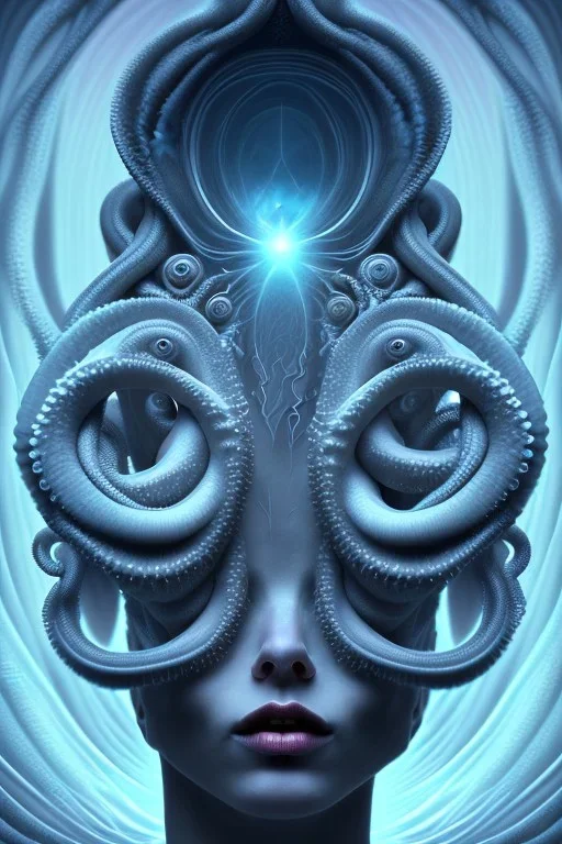 Spiritual being with Tentacles over human Head creating reality around, wrapping Spiral around Human, Psychedelic