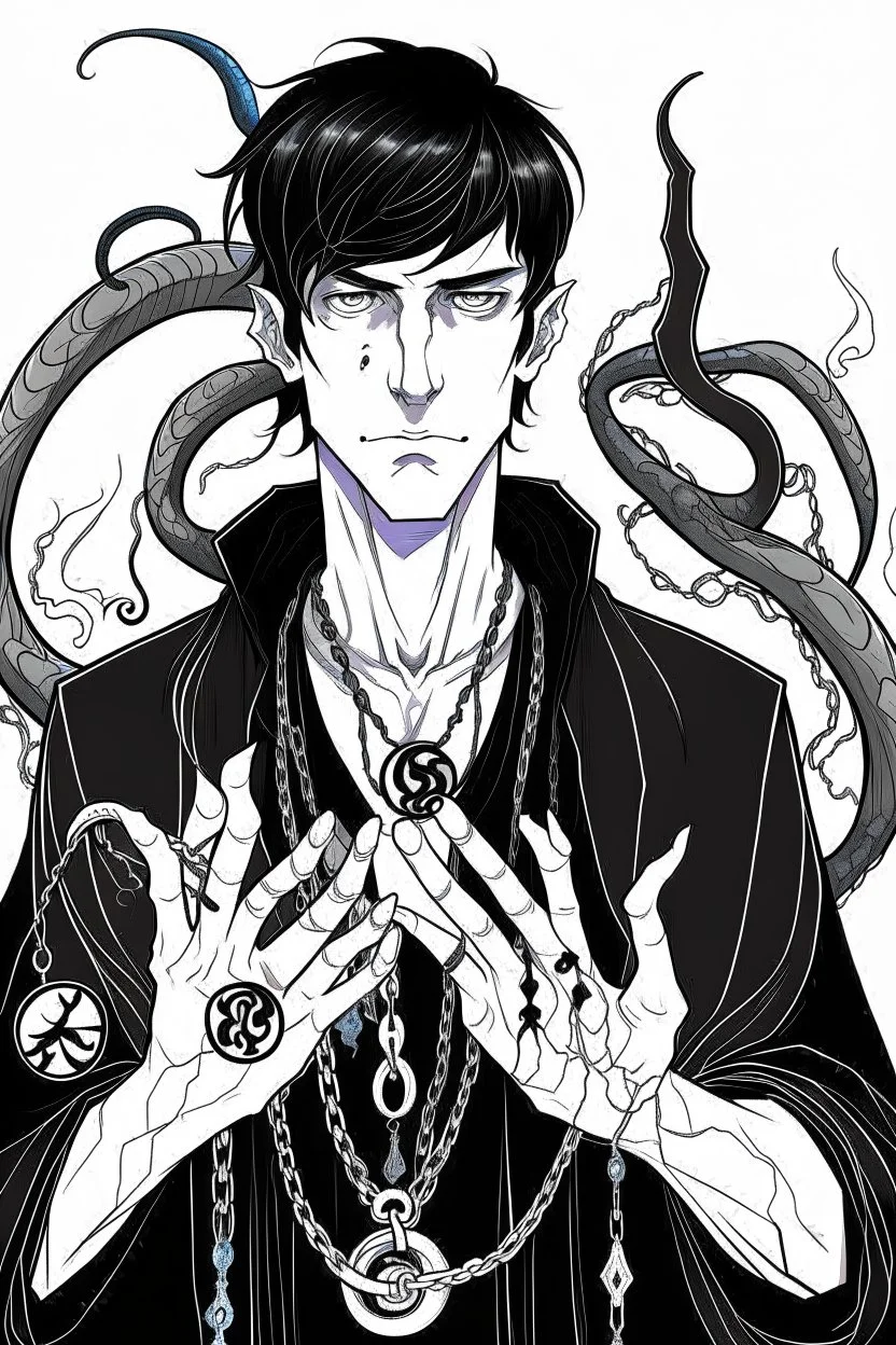 black haired young man necromancer wizard with gothic jewelry and tentacle fingers in the style of Aubrey Beardsley