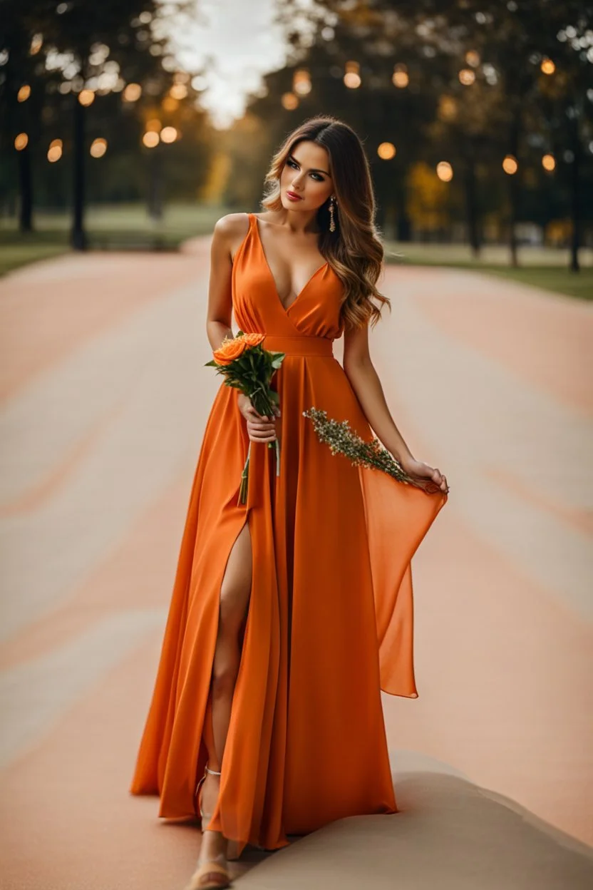 very beautiful ukrain lady wearing orange pretty maxi flared dress with hair silver crown ,standing idle pose