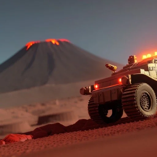 Gi joe driving A White lunar armored rover with tracks and claw and orange, troops, volcano in background