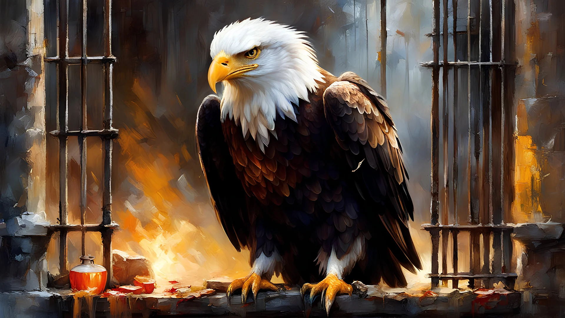 (My sad fellow eagle is a young eagle, pecking bloody food in the dungeon behind bars.), soft impressionist brushstrokes, richard schmid style canvas texture, magical glow, magical lighting, by Jean-Baptiste Monge: 20 Artgerm:5 and Greg Rutkowski:30, by richard schmid :10, Painting by richard schmid